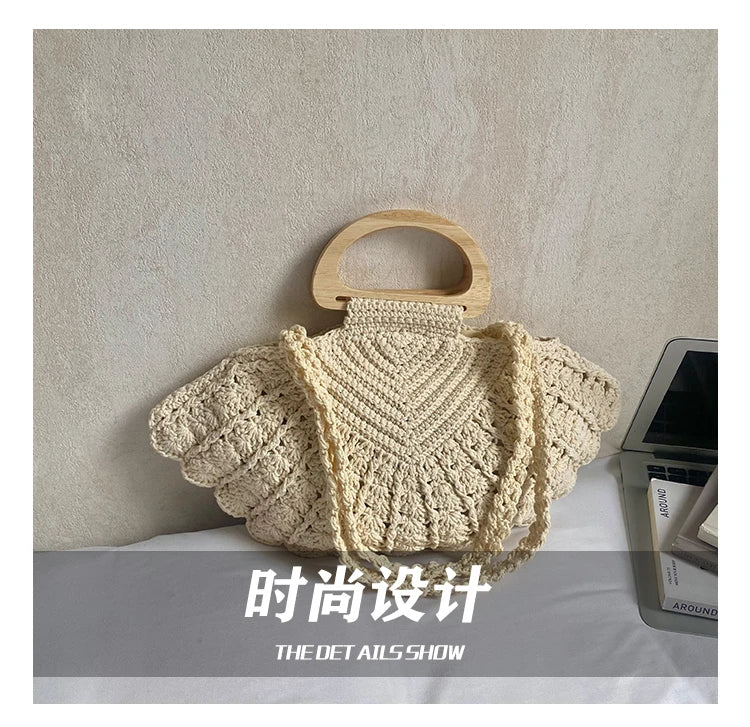 2026 New Retro Fan-shaped Crochet Woven Underarm Bag for Women Ins Style Seaside Vacation Versatile Wooden Handle Shoulder Bag