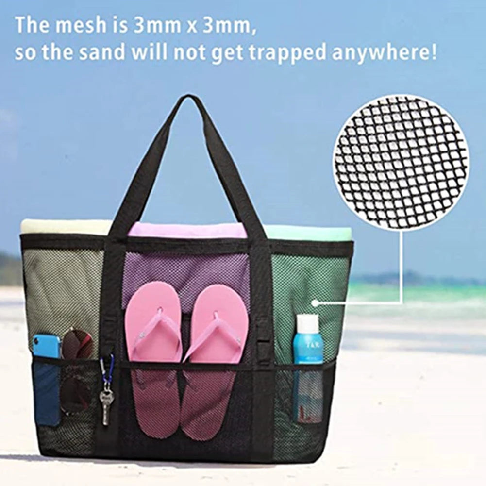 Mesh Beach Bags Beach Tote Bag With Multi Pockets Large Capacity Travel Tote Handbag Swim Pool Bag Multifunctional Storage Bag