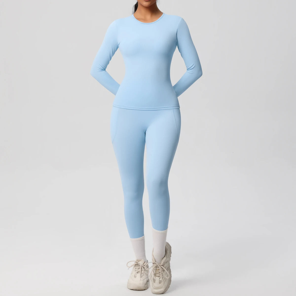 Summer 2PCS Women's Yoga Suit Solid Color High Stretch Slim Casual Long Sleeves Quick Drying Push Up Women Pockets Pants Set