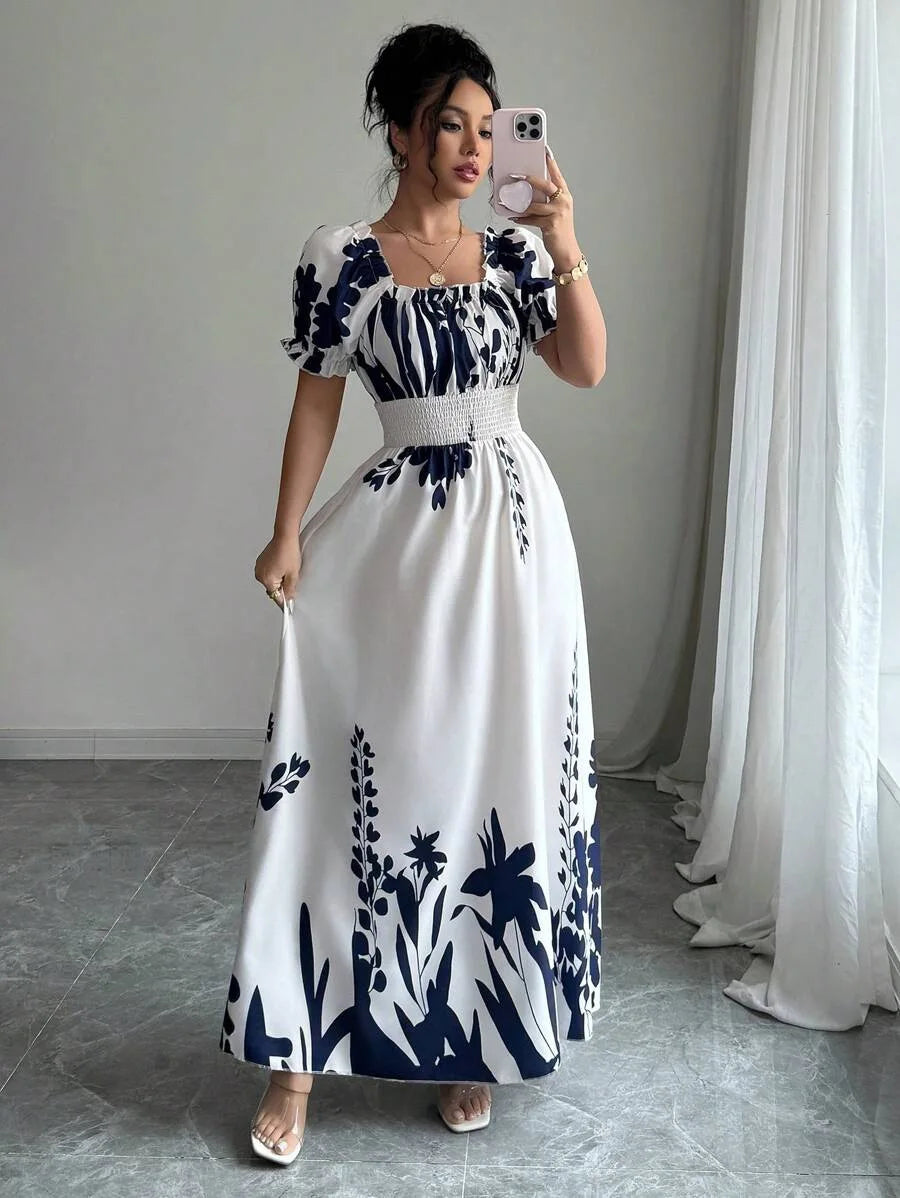 BKLD Women Clothing Summer Floral Print Dress Short Sleeve Square Collar Beach Holiday Outfits Waist Ruched Long Dresses Party