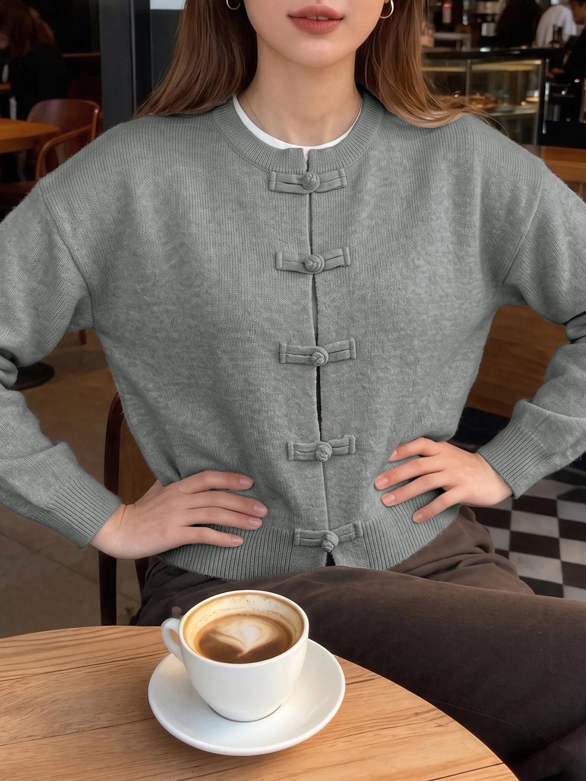Women Vintage Knitted Sweater Causal Long Sleeve O-Neck Soft Warm Chinese Style Buckle Cardigan Female Autumn Winter Outerwear