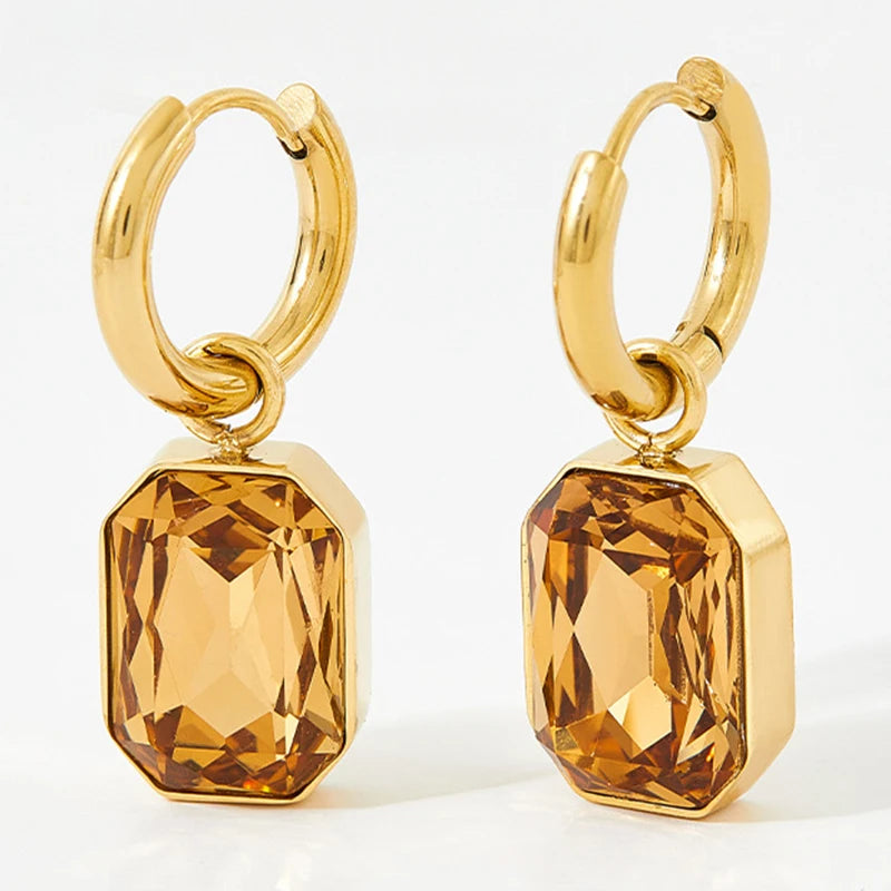 Trendy Square Zirconia Drop Stud Earrings For Women Girls Gold Color Metal Crystal Stone Pendant Ears Accessories Jewelry Gifts
