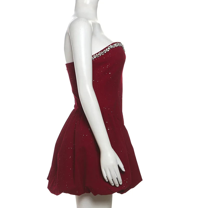 BKLD 2026 Winter New Women Clothing Elegant Fashion Strapless Sequin Diamonds Patchwork A-Line Puffy Dress Party Clubwear