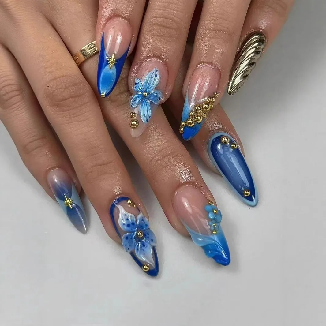 24pcs Flower Pearl Design False Nails Blue Blush Gradient Tips Long Almond Press on Nails Ins Wearable French Fake Nail Manicure