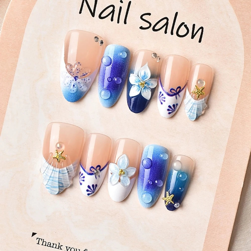 10Pcs Mid-length Almond Press on Nails 3D Leopard Print Gradient Blue Flower False Nails French Full Cover Fake Nails Tips