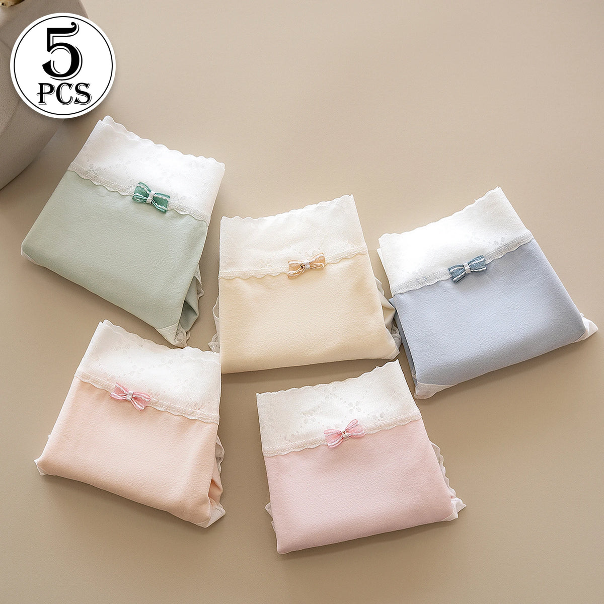 5PCS Korean Fresh Style Women's Underwear Lace Trimmed Solid Color Comfortable Panties Girls Mid Waist Breathable Bow Briefs