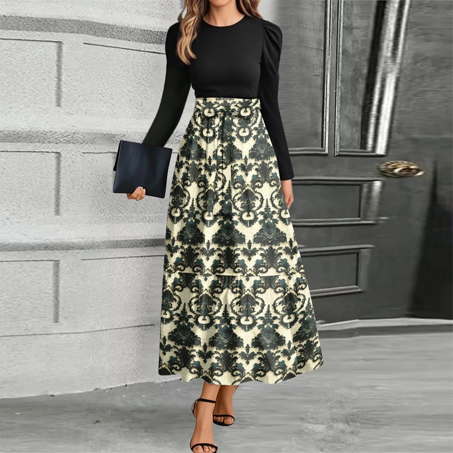 Printed High-Waist Long Sleeve Maxi Dress – O-Neck 2026