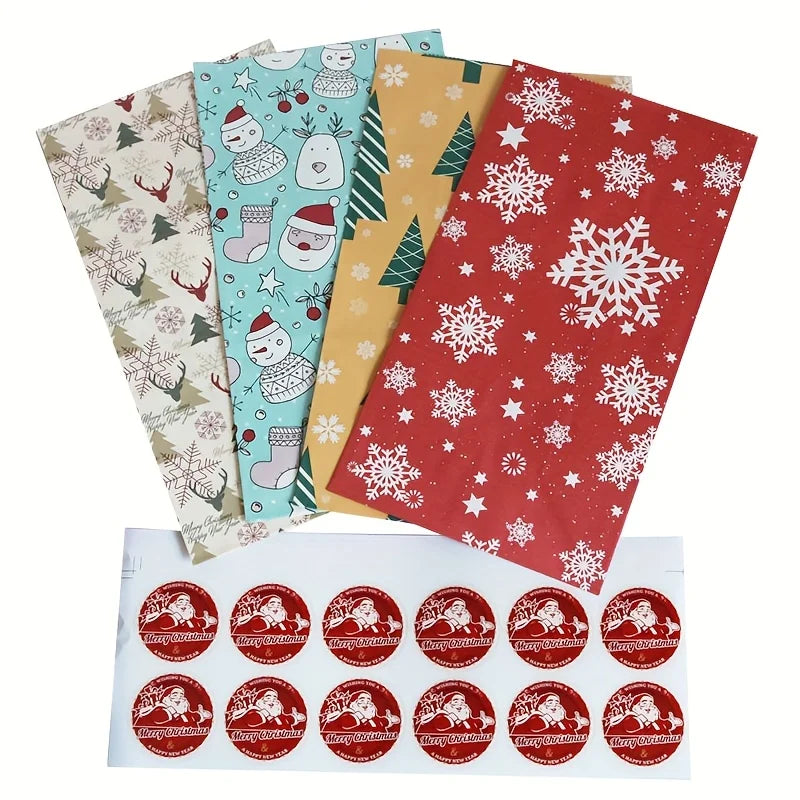 Christmas Gift Bags with Stickers, Xmas Holiday Goodie Treat Bags, Snowflake Reindeer Pattern Paper Gift Pouches for Christmas