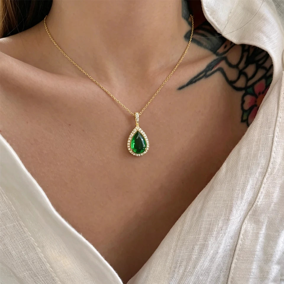 ZAKOL Exquisite Stainless Steel Green Water Droplet Inlay Zircon Pendant Necklace Earrings Set Trend Jewelry Gift for Women