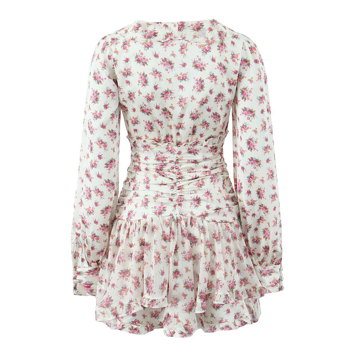 Boho Chic Floral Print Ruffle Mini Dress Women's Long Puff Sleeve V Neck Slim Fit A-line Party Dresses New Female Club Vestidos
