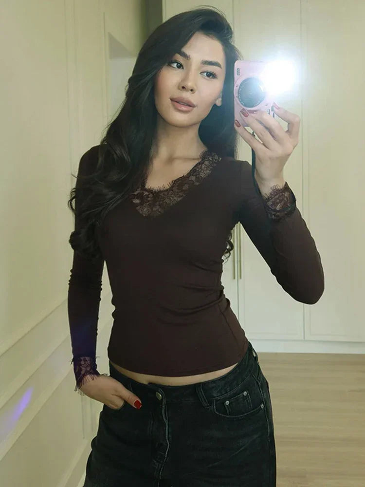 Women Lace Patchwork V Neck Long Sleeve T Shirt Ribbed Slim Fit Basic Undershirt Elegant Lace Trim Cuff Stretch Base Layer Tops