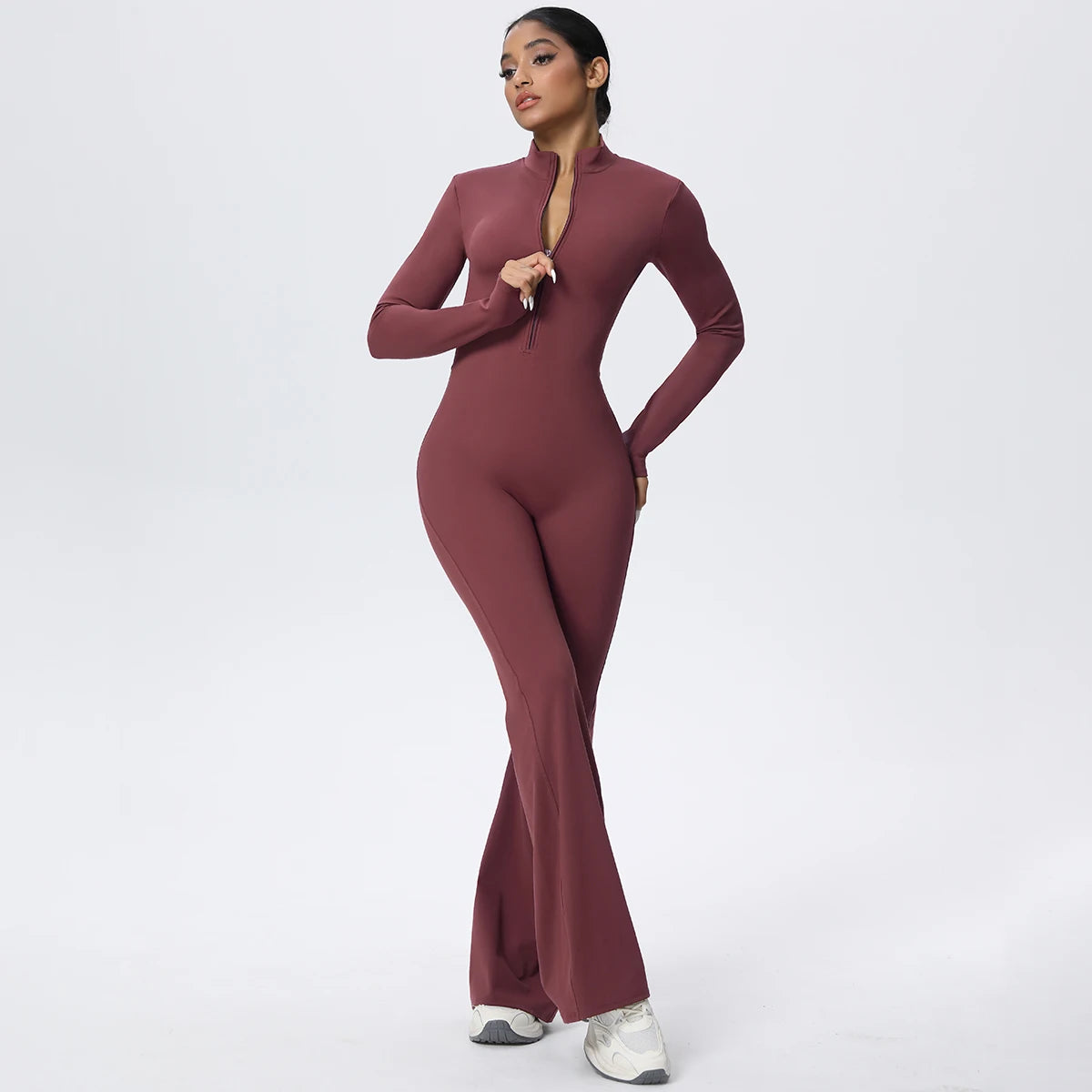 Woman's Fitness Yoga Bodysuit Solid Color Yoga Zipper Long Sleeves Trousers Gym High Strength Exercise Sports Bodysuit Leggings