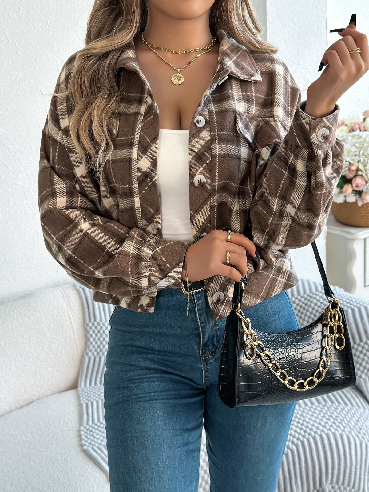 Autumn Winter Casual Plaid Cropped Jacket Lapel Lantern Long Sleeve Single Breasted Woolen Jacket 2026 Fashion Women Clothes