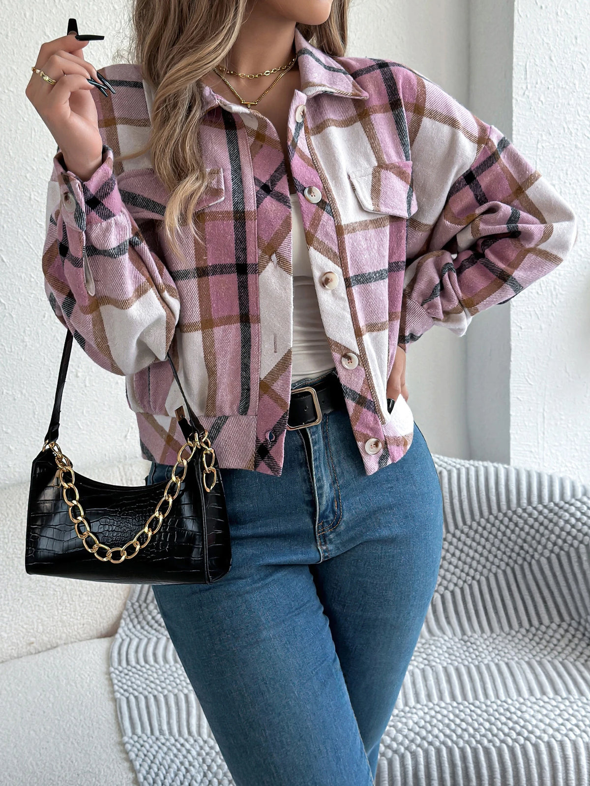 Autumn Winter Casual Plaid Cropped Jacket Lapel Lantern Long Sleeve Single Breasted Woolen Jacket 2026 Fashion Women Clothes