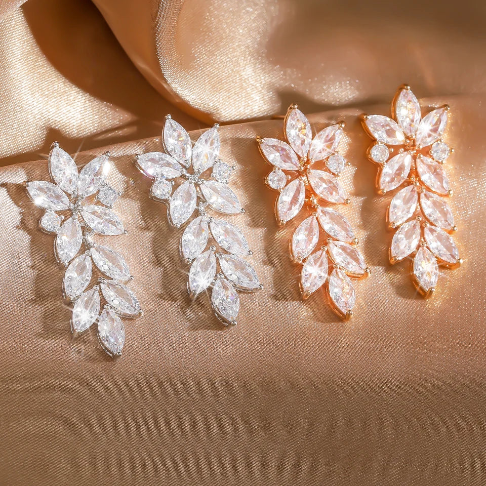 ZAKOL Luxury Leaf Marquise Zircon Bridal Earrings for Women White Shiny Crystal Elegant Wedding Party Jewelry