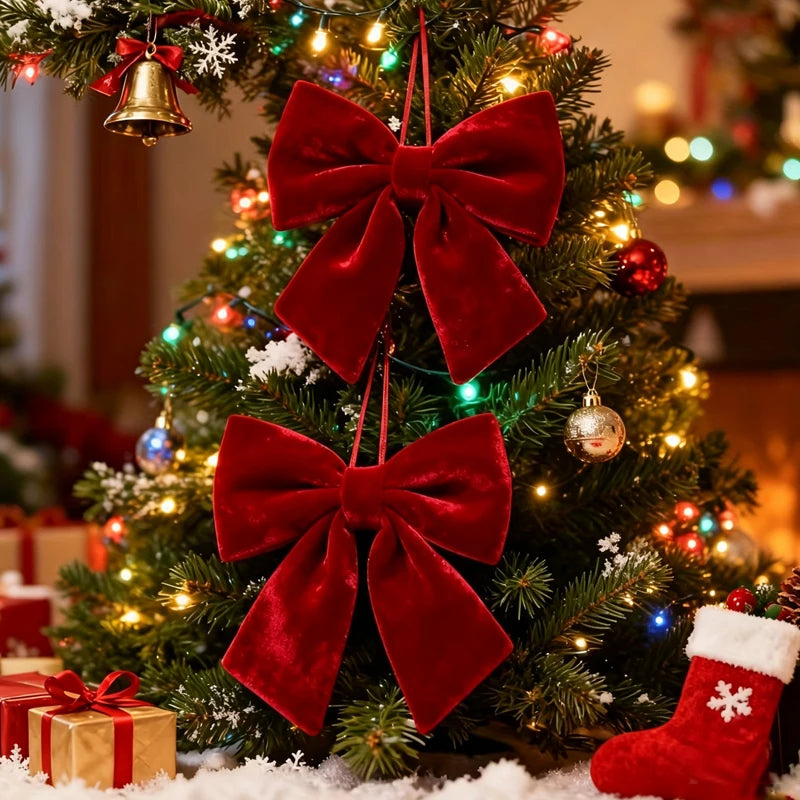 1PC Christmas Wreath Red Velvet Bows Xmas Tree Ornaments Hanging Pendant Large Bowknot for Wedding Festive Home Party Decoration