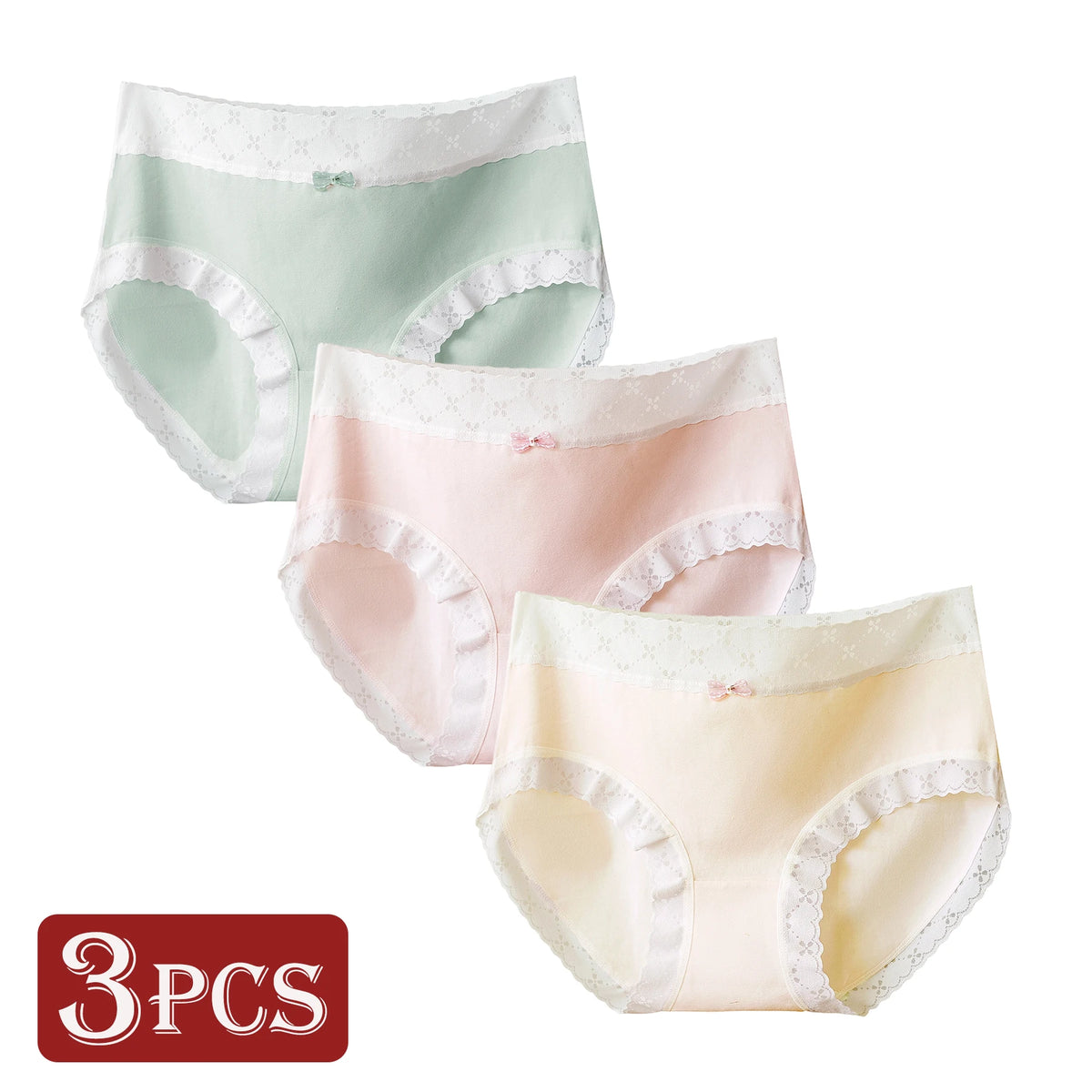 3PCS Japanese and Korean Style Women Girls Underwear Elegant Lace Trimmed Panties Simple Solid Color Breathable Briefs Everyday