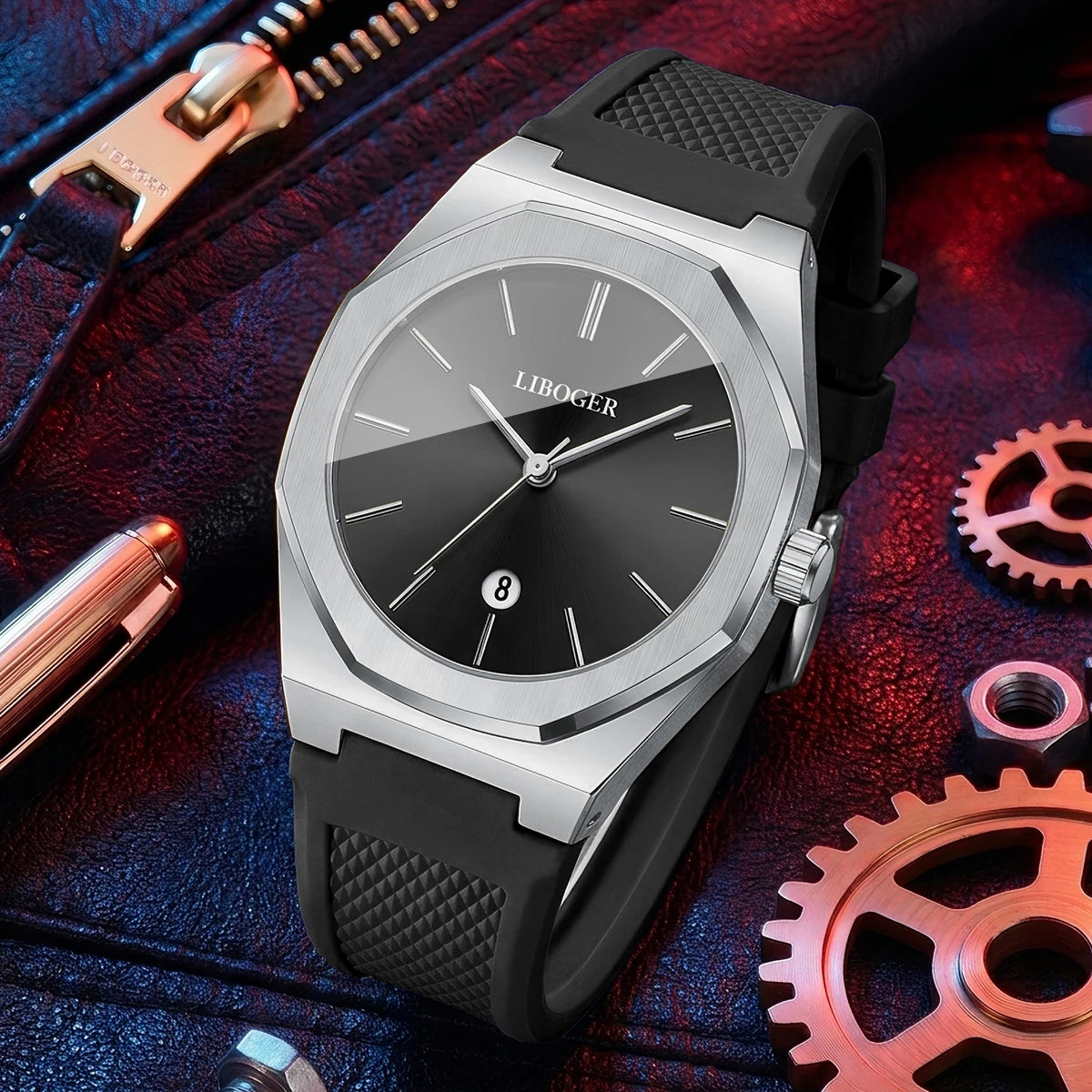 Luxury Silver Men Business Watches Octagonal Case Casual Silicone Strap Date Quartz Wristwatch Relogio Masculino（Without Box）