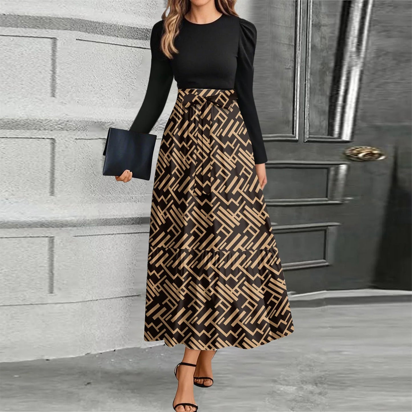Printed High-Waist Long Sleeve Maxi Dress – O-Neck 2026
