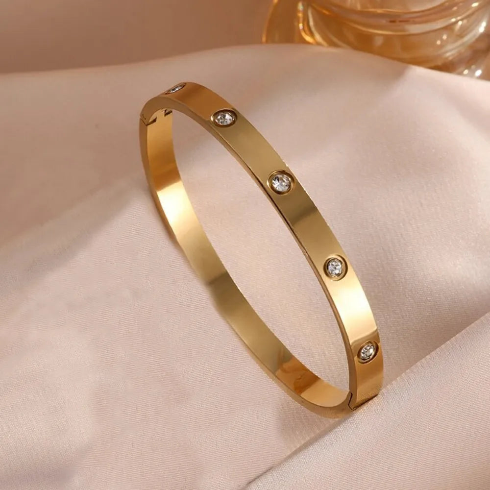 Titanium Steel Stacked Bracelet Couple's Shiny Zircon Inlaid Stainless Steel Bangles Gold Color Female Jewelry Gift