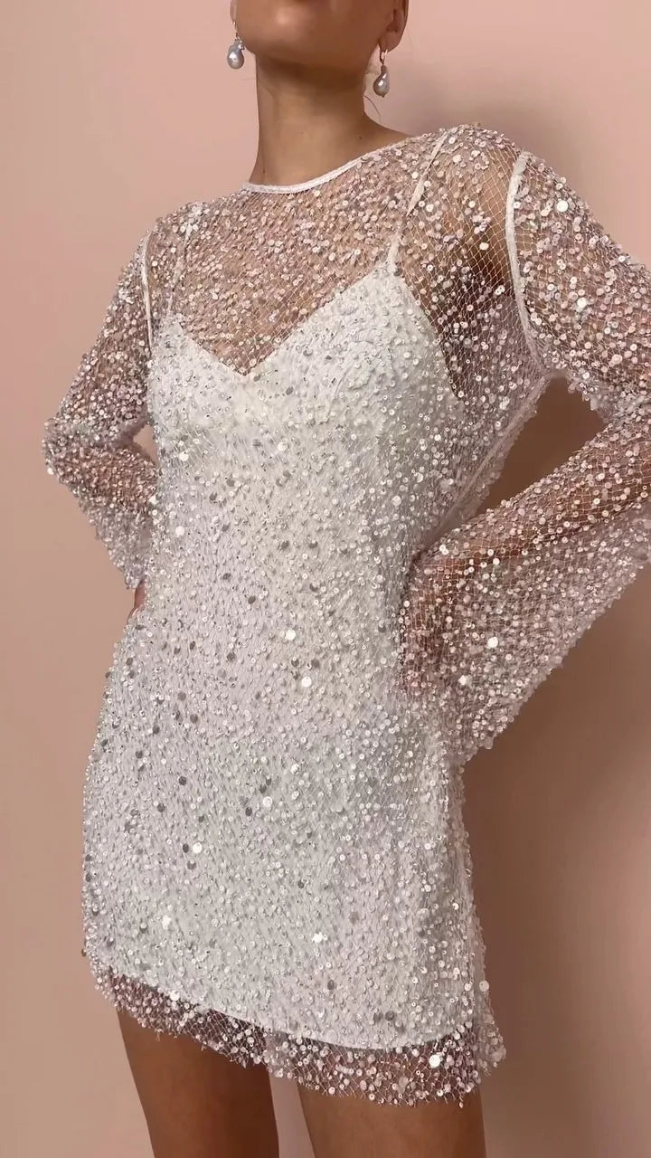 BKLD Christmas Women Sexy Sling Dress And Beading Long Sleeve Cover-Ups 2 Pieces Mini Dress Nightclub Party Wedding Outfits