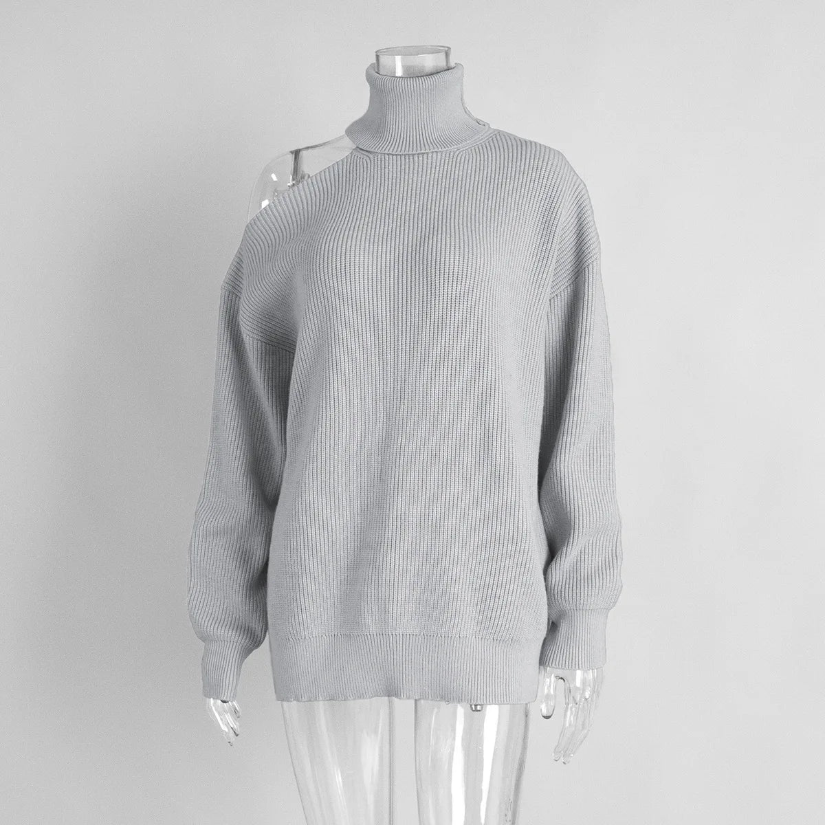 Women New Turtleneck Cutout Shoulder Pullover Long Sleeve Ribbed Knit Trendy Loose Fit Sweater Autumn Winter Fashion Streetwear