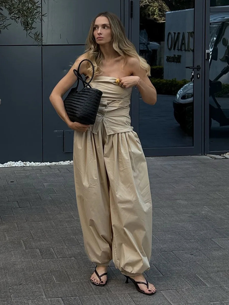 Y2k Fashion Pocket Bloomers Female Trousers Wide Leg Women Pants Pleated Loose High Waist Patchwork Bandage Streetwear
