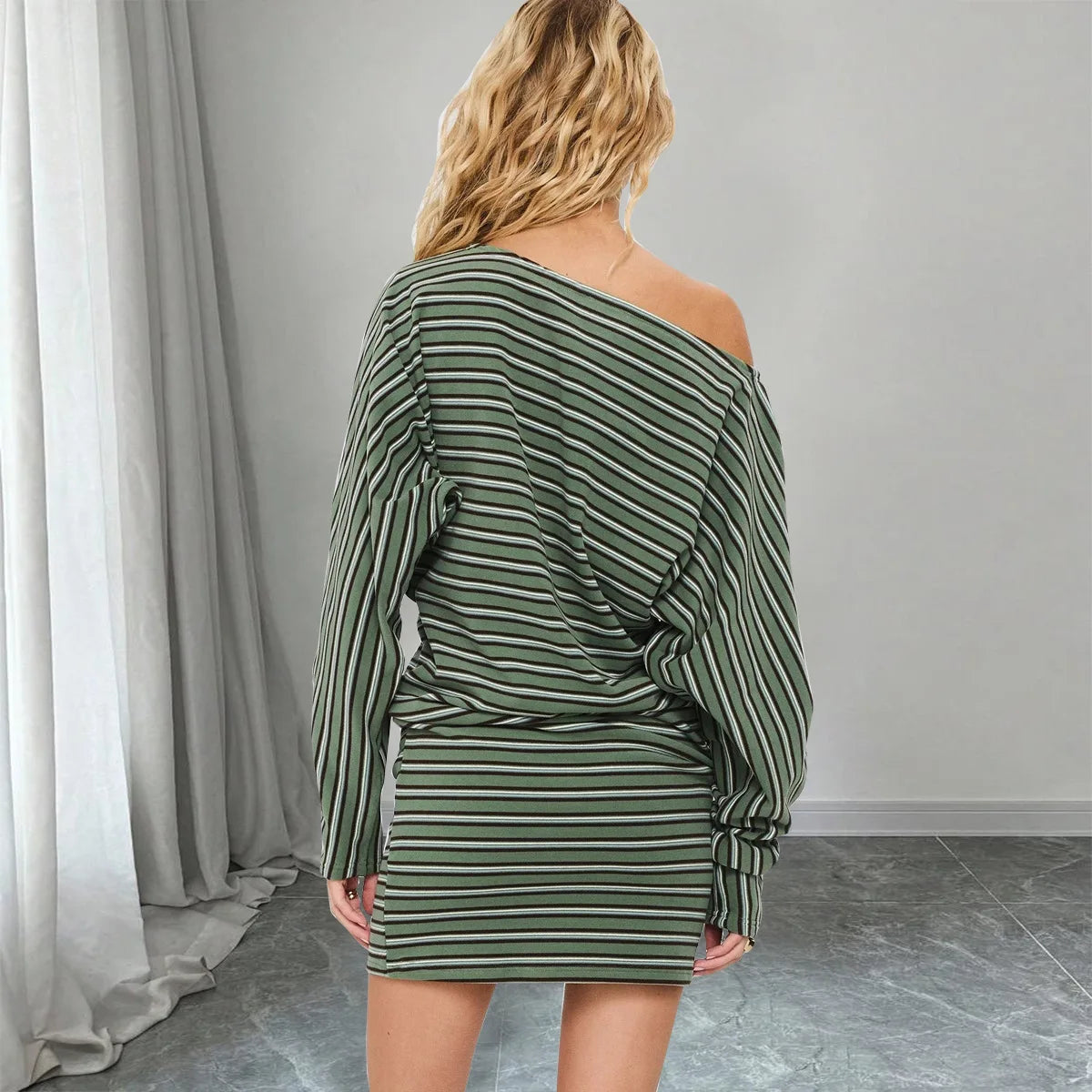 BKLD 2026 Autumn New Fashion Elastic Striped Skew Shoulder Bodycon Dress Women Clothing Printed Long Sleeve Short Dresses