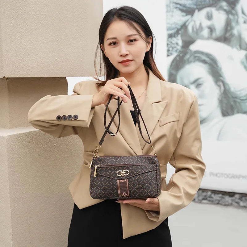 Large Capacity Multi-Layer Ladies Crossbody Bag Vintage Single Shoulder Bag for Middle-Aged Women with Coin Pocket