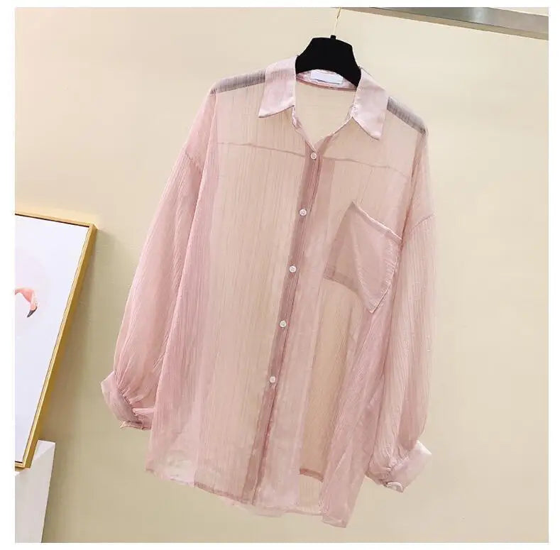 Summer Sunscreen Shirt Elegant Perspective Thin Chiffon Blouse Korean Harajuku See Through Loose Top Casual Women's Cardigan