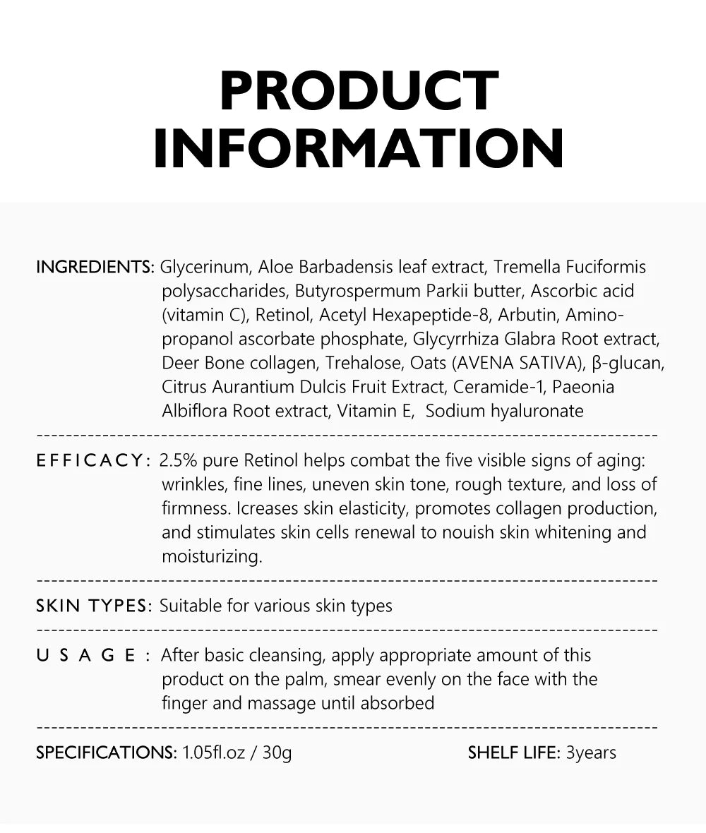 Retinol Face Cream Anti-Aging Remove Wrinkle Firming Lifting Whitening Brightening Moisturizing Hyalronic Acid Facial Skin Care