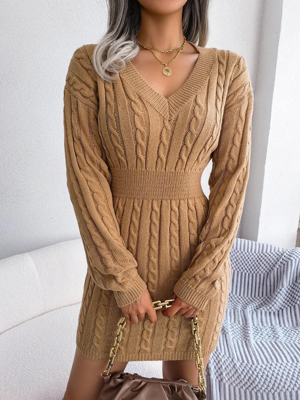 Autumn Winter Casual Knitted Sweater Dress for Women 2026 Elegant V Neck Long Sleeve Slim Waist Mini Dresses White Blue Khaki