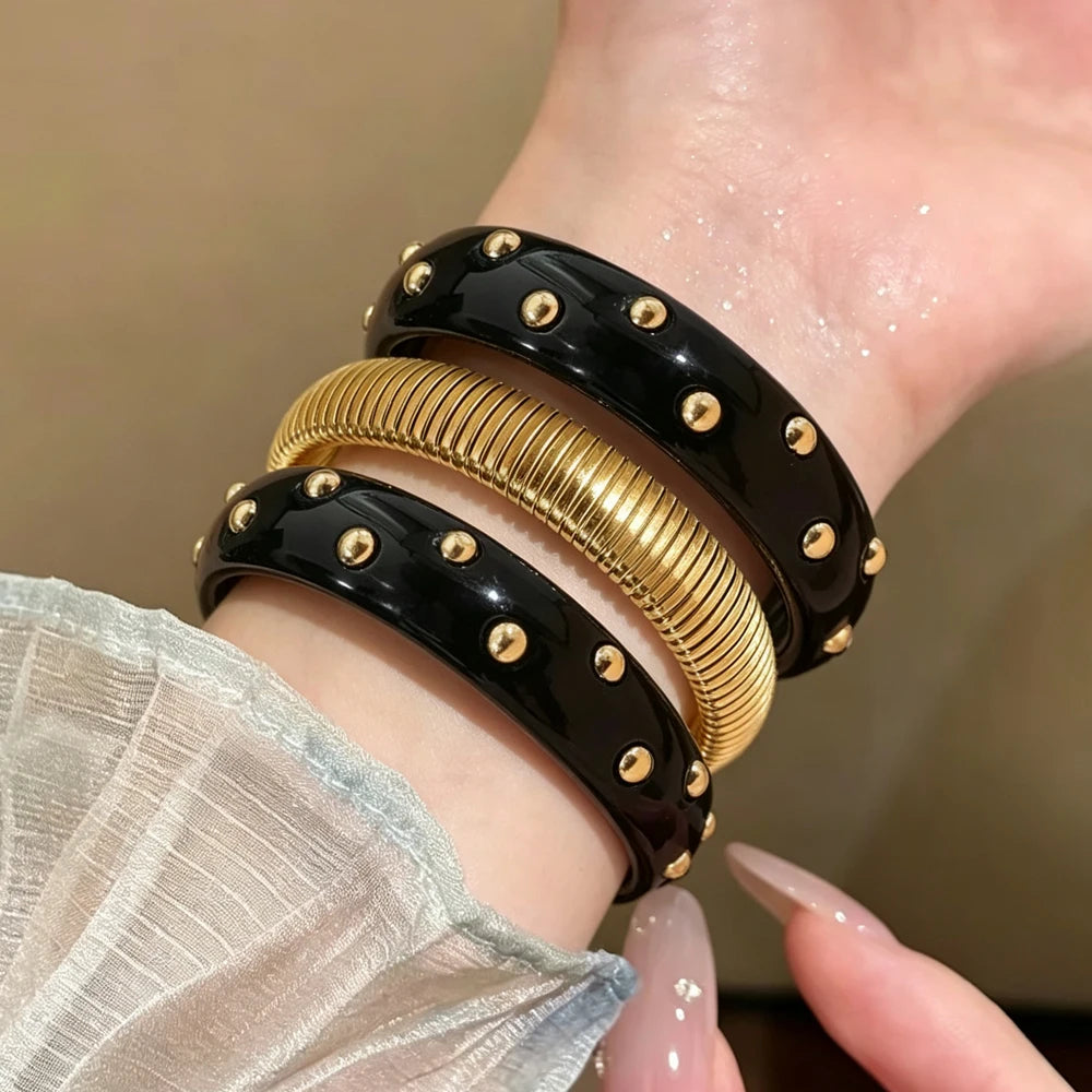 ZAKOL 3pcs/set Fashion Punk Gothic Style Stainless Steel Resin Stacked Bracelets Personalized Wide Bangle Party Daily Jewelry