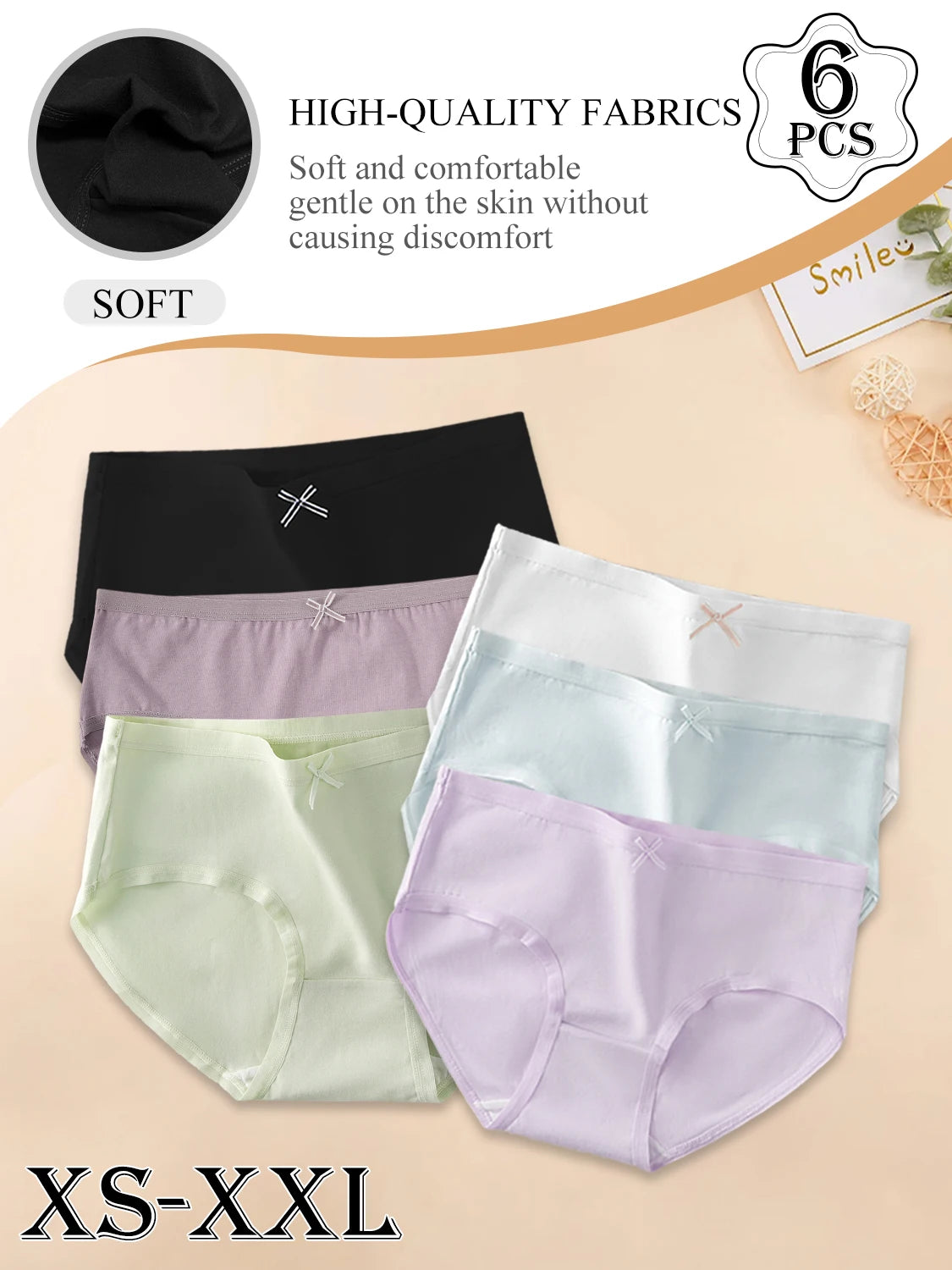 6PCS Women's Underpants Cotton Panties Solid Color Bowknot Design Briefs Simple Comfortable Breathable Female Lingerie Girls