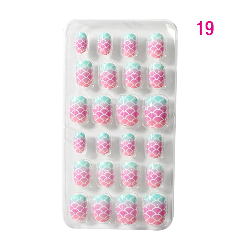24pcs/box Candy Kids False Nail Cartoon Full Cover Press On Fake Nails Tips Kawaii Acrylic Artificial Fingernails for Girls