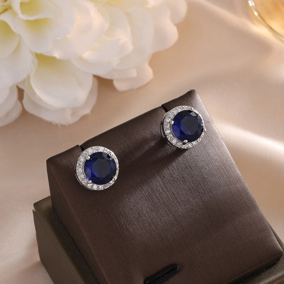 ZAKOL Silver-color Blue/Clear Brilliant Zirconia Pierced Stud Earrings Round Shape CZ Small Earring Women Exquisite Jewelry Gift