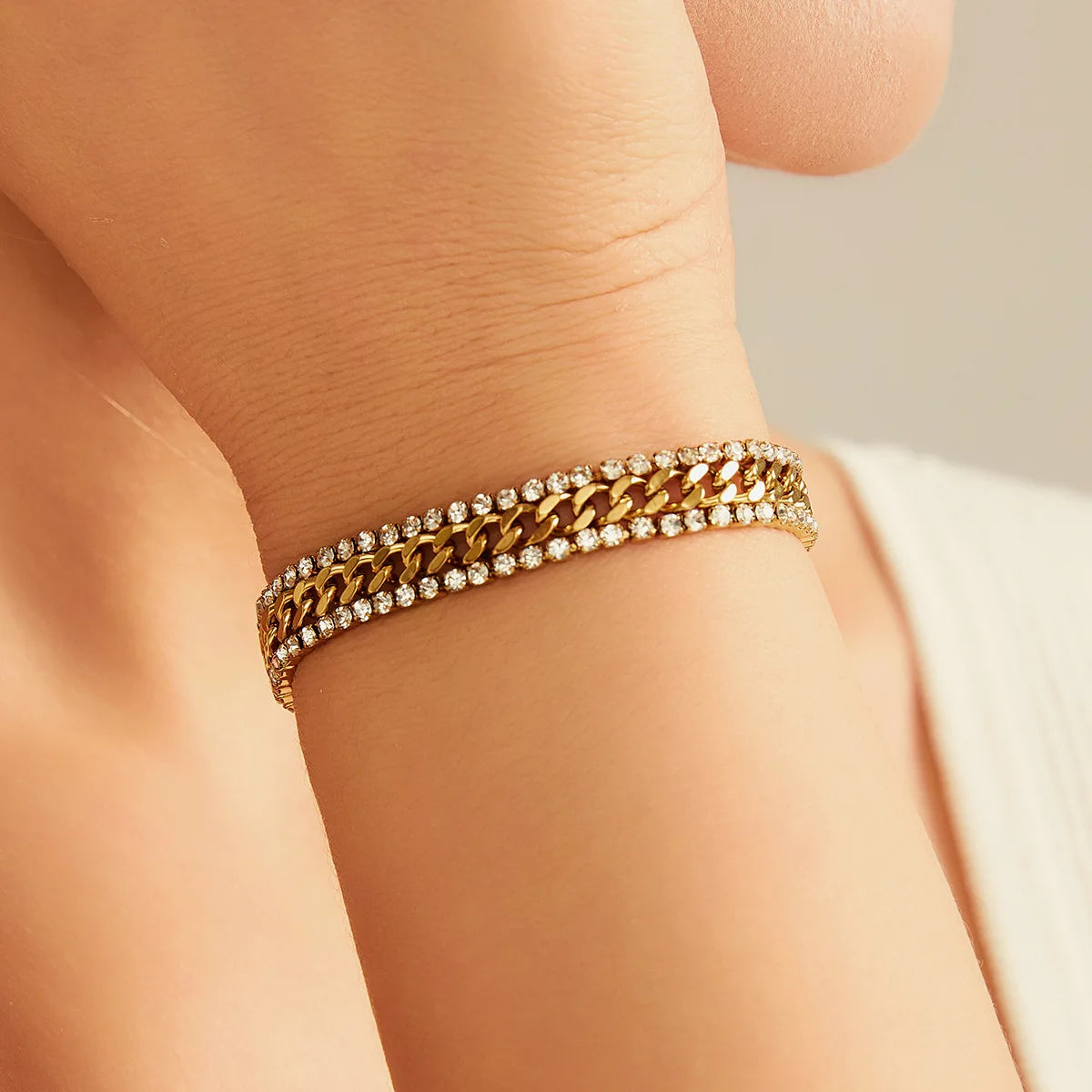 ZAKOL New Cubic Zirconia Tennis Bracelet 18K Gold Plated Stainless Steel Three Layer Wide Bracelet Luxury Jewelry Gift for Women