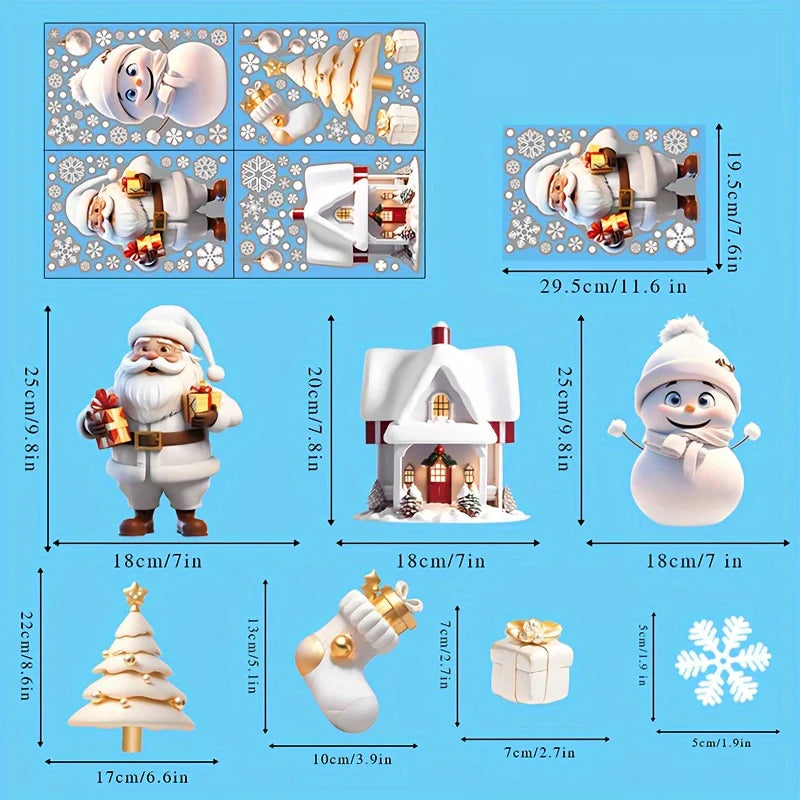 4/8 Sheets 3D Cartoon Christmas Window Clings, Santa Snowman Xmas Tree Gingerbread House & Snowflake Decals, Removable Glass