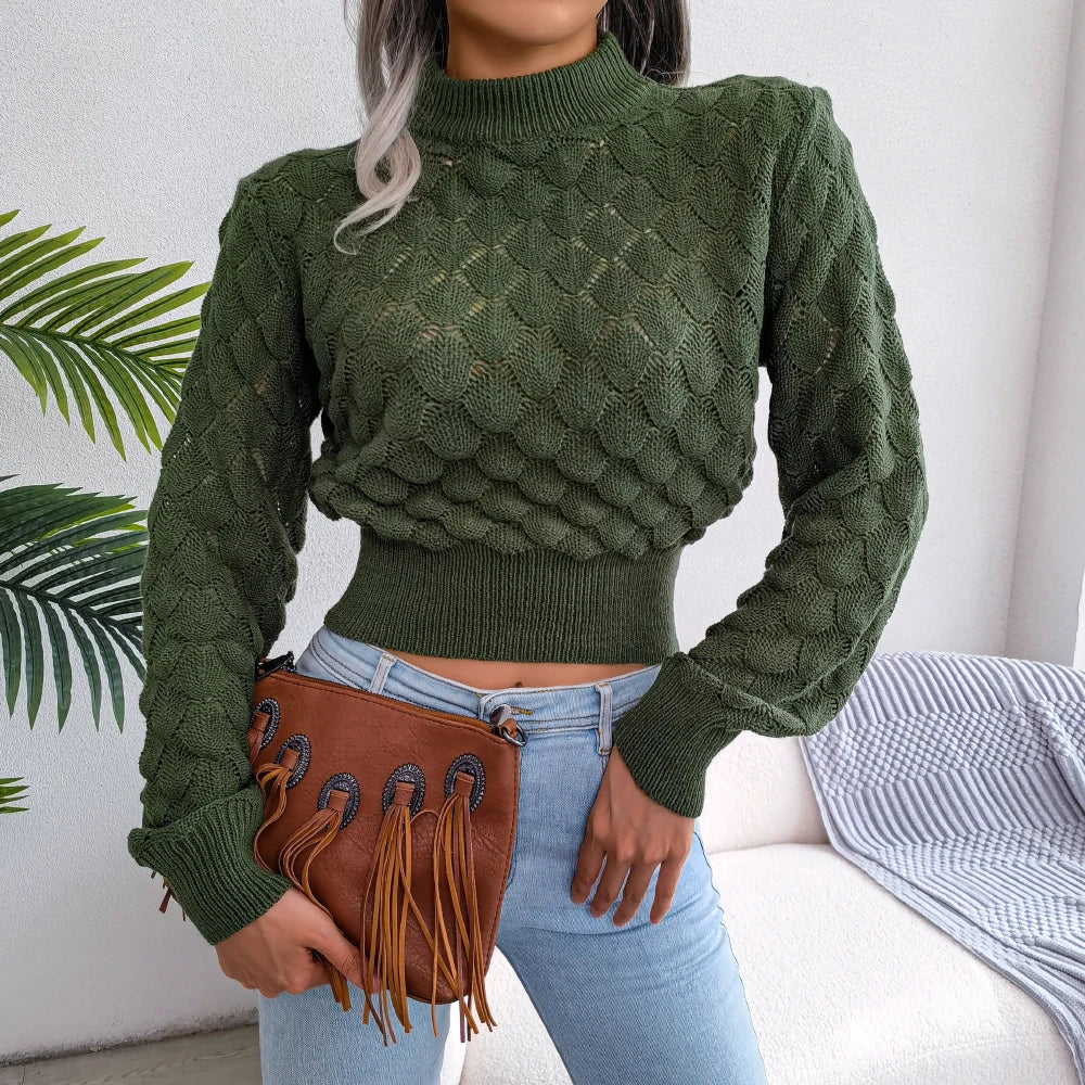 2026 Autumn Winter Women Casual Hollow Out Long Sleeve Knitted Pullovers and Sweaters Solid Color Crop Tops Grey Khaki Green