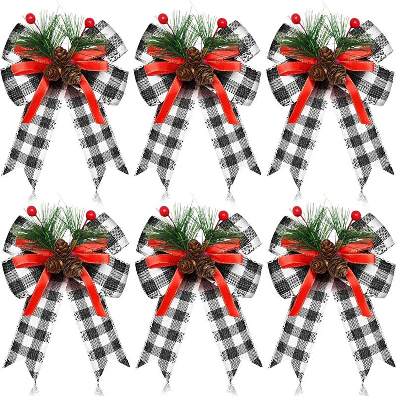 ChristmasBows Buffalo Plaid Checkered Ribbon Bow with Pine Cone Christmas Tree Decoration for Xmas Parties Trees Indoor Crafts