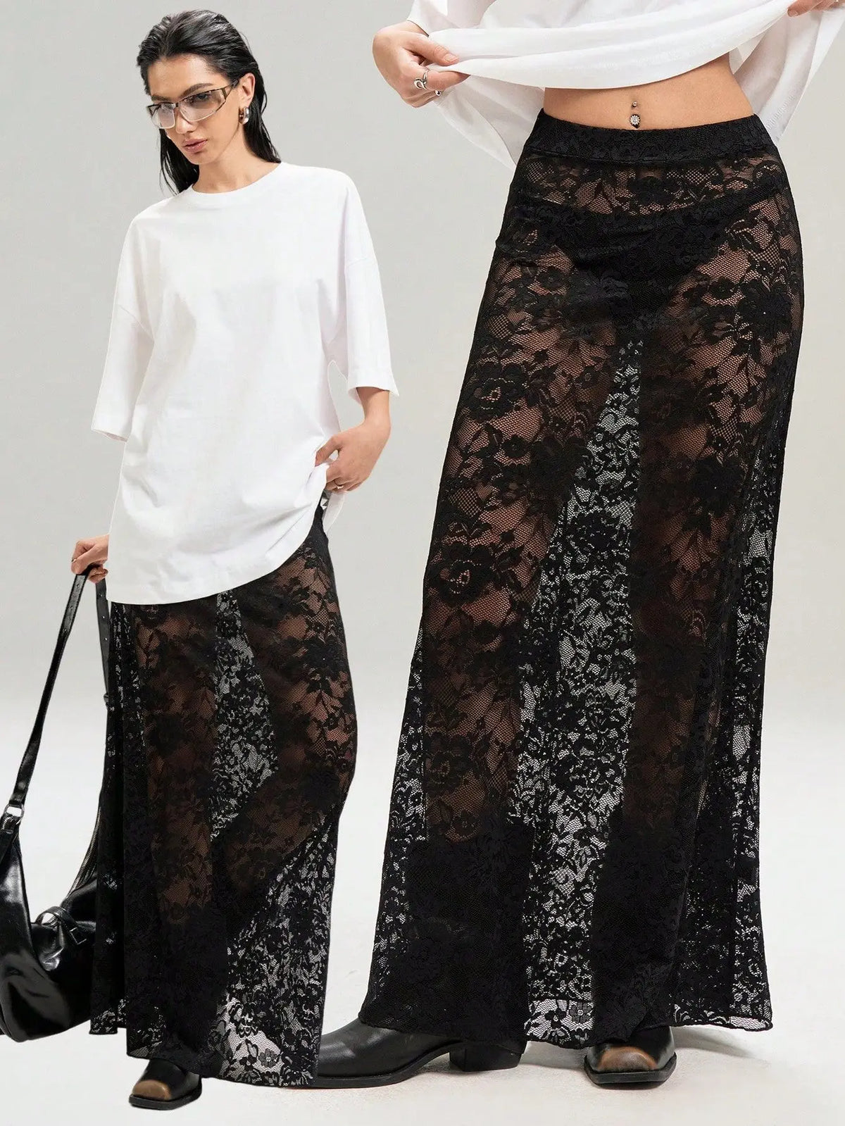 BKLD Black Skirts 2026 Summer New Women Clothing Solid Color Slim Bag Hip Streetwear Fashion See-Through High Waist Lace Skirt