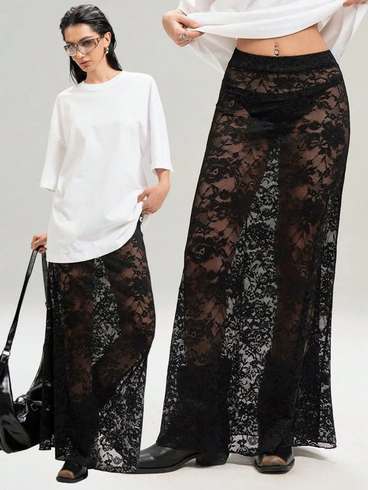 BKLD Black Skirts 2026 Summer New Women Clothing Solid Color Slim Bag Hip Streetwear Fashion See-Through High Waist Lace Skirt
