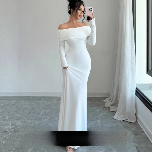 New arrival elegant women for spring season. Elegant long dress featuring a chic one-shoulder (slash neck)