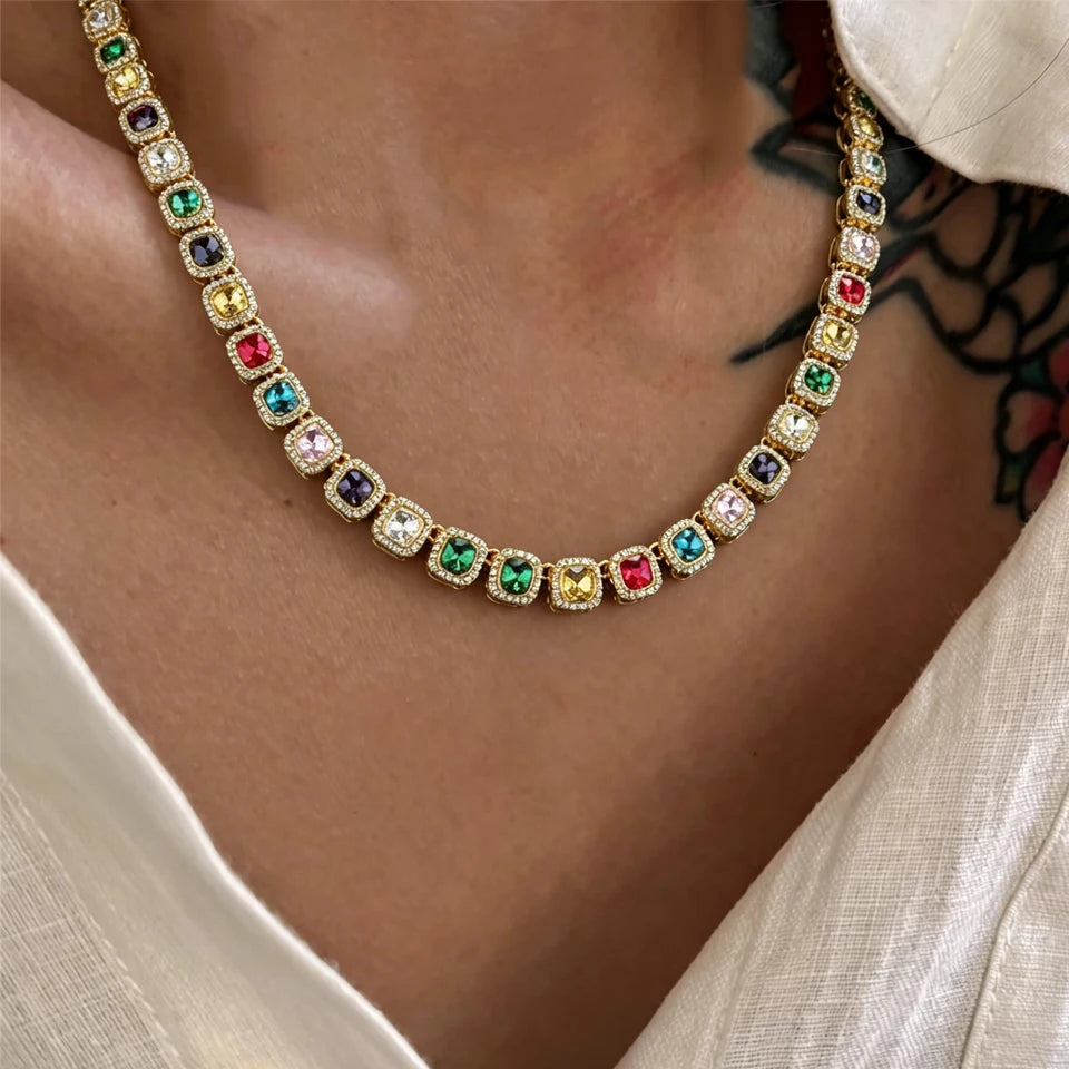 ZAKOL Hip Hop Luxury Square Colorful Rhinestones CZ Tennis Chain Necklace Bracelet Punk Fashion Jewlery Couple Gift