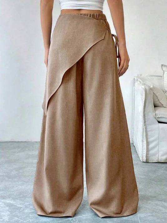 Elegant Irregular Suit Pants for Women High Waist Loose Wide Leg Pants Asymmetrical Lace Up Trousers Elastic Waist Casual Pants