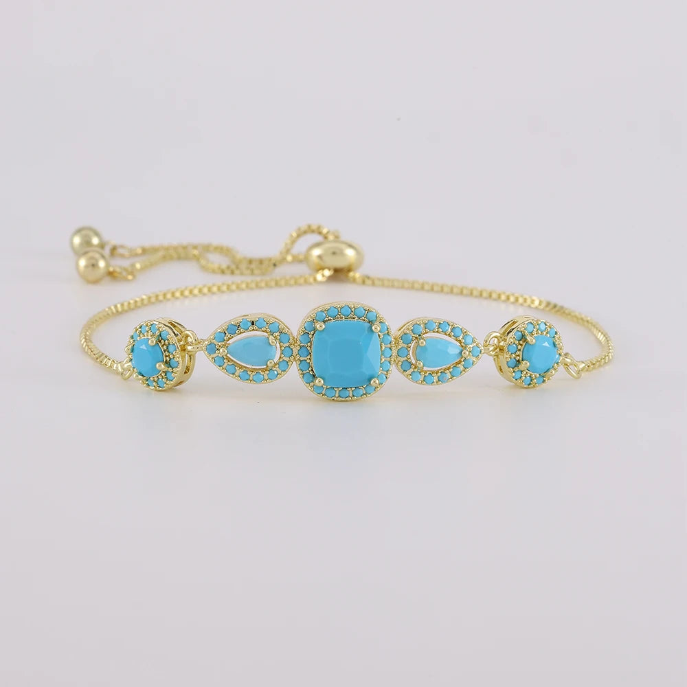 ZAKOL Gold Color Elegant Geometric Water Drop Turquoise Adjustable Chain Bracelet for Women Fashion Party Jewelry Gift