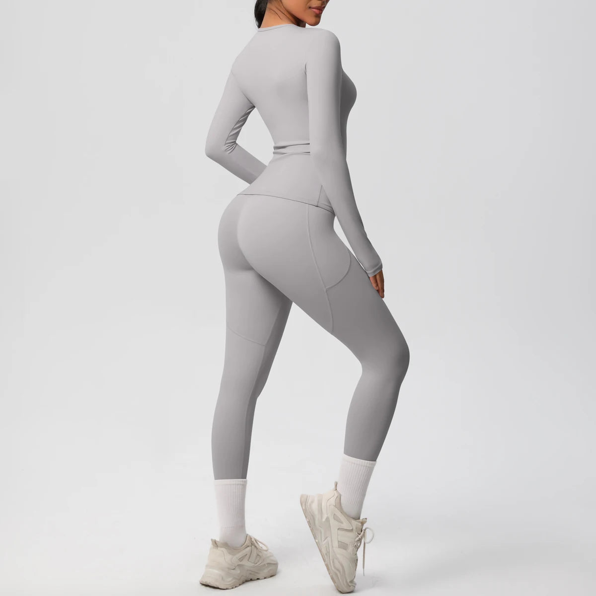 Summer 2PCS Women's Yoga Suit Solid Color High Stretch Slim Casual Long Sleeves Quick Drying Push Up Women Pockets Pants Set