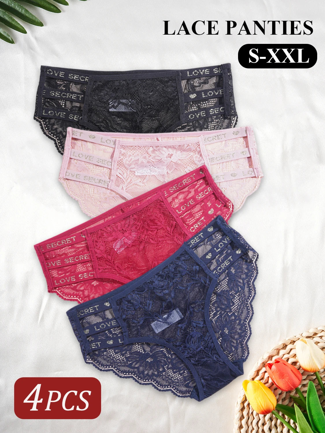 4PCS Elegant Floral Lace Women's Panties Underwear Comfortable Solid Color Briefs with "LOVE" Letter Waistband Female Lingerie