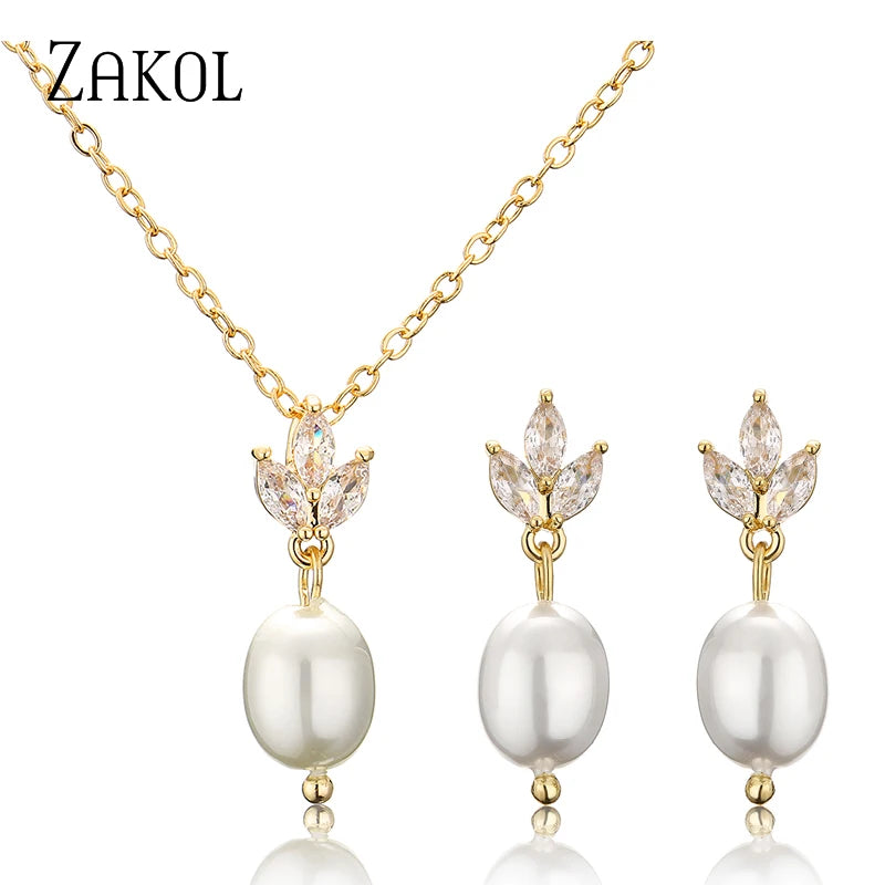 ZAKOL Fashion Leaf Shiny Zircon Pearl Drop Earring Necklaces Jewelry Sets for Women Charming Wedding Jewelry Gift