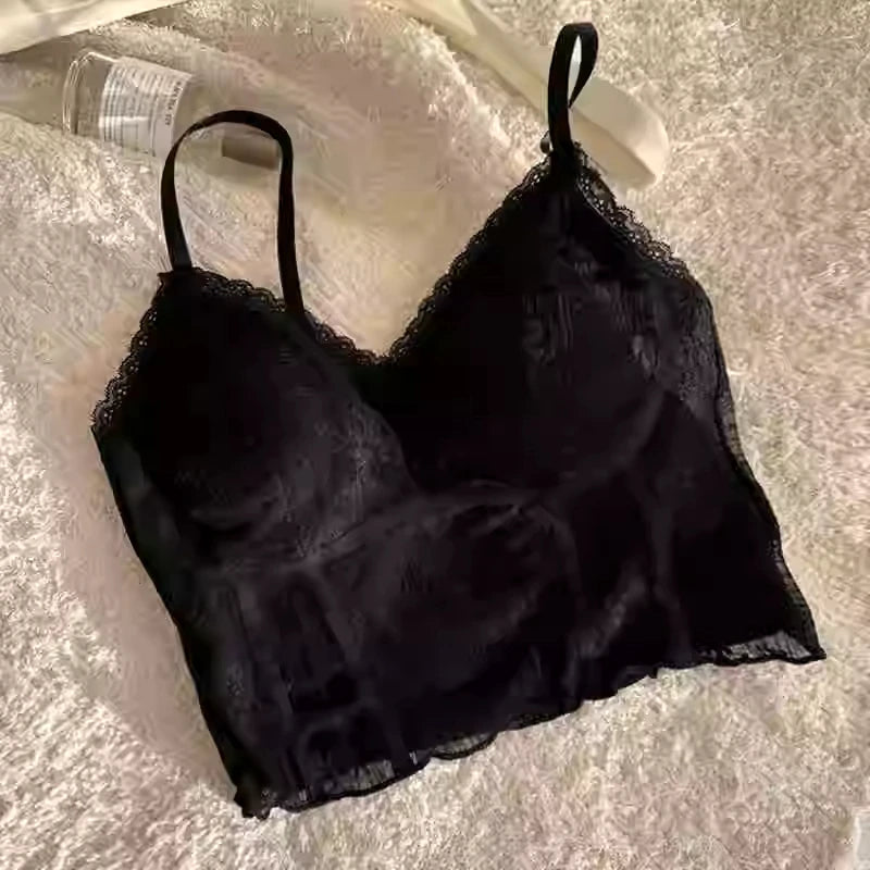 MOYISU French Lace Halter Bralette - Backless Wireless | Convertible & Removable Pads | White Comfort Bra for Daily/Evening Wear